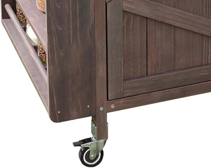 Outdoor Grill Cart with Stainless Steel Top, Solid Wood Outdoor Storage Cabinet with Drop Leaf, One Drawer, Towel Rack, Rolling Kitchen Cart with Lockable Wheels for Lawn Garden (Brown@072)