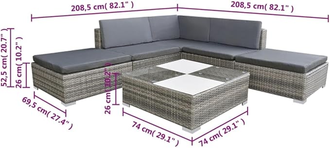 6 Piece Patio Lounge Set with Cushions, Patio Conversation Set Sectional Sofa Porch Furniture Set Outdoor Sofa Sets for Piazza Negotiation Area Garden Exhibition Poly Rattan Gray