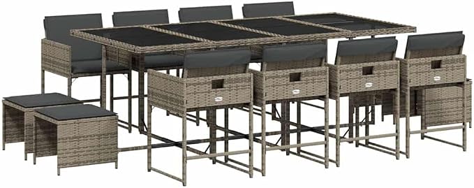 13-Piece Garden Dining Set for 12 People, Outdoor Poly Rattan Patio Furniture with Tempered Glass Tabletop and Cushioned Chairs, Grey