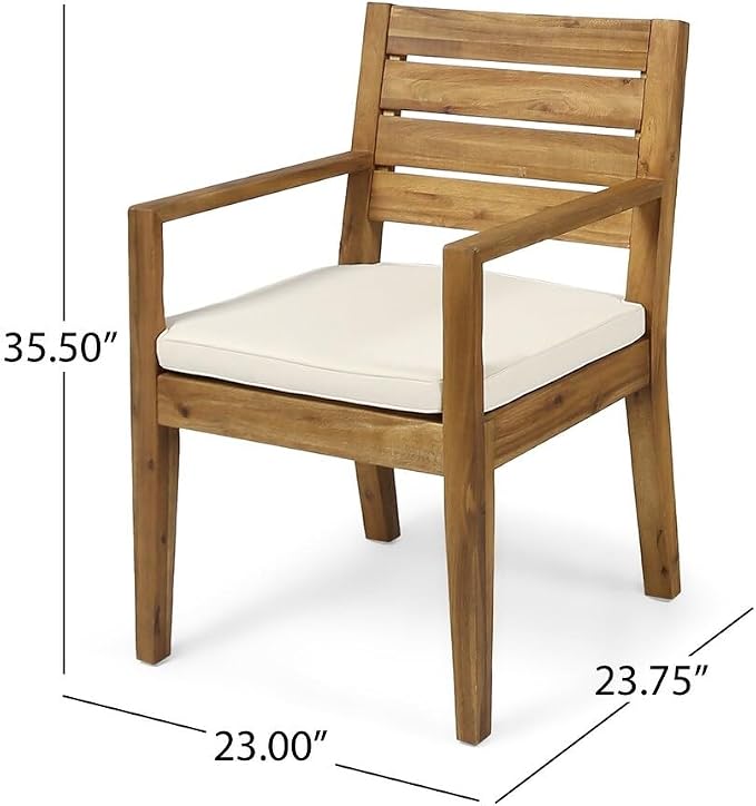 Merax Outdoor Rectangular Dining Table Set for 6, Acacia Wood 63"-78.75" Expandable Table with 2" Umbrella Hole + 2 Armchairs + 4 Armless Chairs, with Water-Resistant Cushions, Natural + Beige