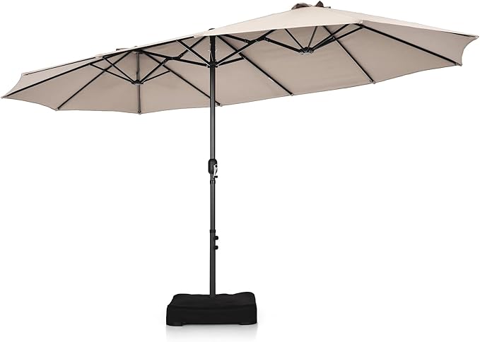 Tangkula 15FT Double-Sided Patio Umbrella, Outdoor Market Umbrella W/Hand-Crank System & Enhanced Base, Ultra-Large Twin Garden Umbrella W/ 12-Rib Structure for Residential & Commercial Use (Beige)
