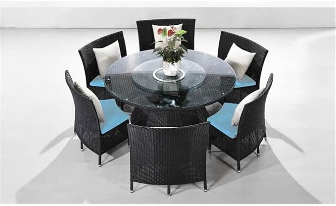 Manhattan Comfort Nightingdale 7 Piece Outdoor Dining Set with Round Glass Lazy Susan | Includes 6 Rattan Chairs, Water-Repellent Cushions and Toss Pillows, Patio Furniture, Black/Sky Blue/White