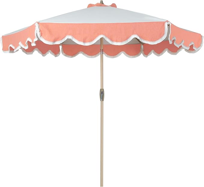 Tempera 9ft Scalloped Patio Umbrellas with Fringe, Market Umbrellas with Water-Resistant and Fade Resistant Canopy, 1.5" Wood Pole & Button Tilt,Beige Spliced Coral Red