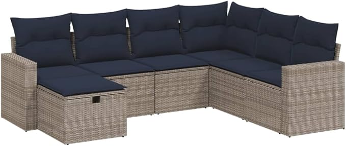 vidaXL Patio Sofa Set with Cushions 7 Piece, Outdoor Conversation Set, Sectional Sofa for Balcony Garden, Modern Style, Gray Poly Rattan