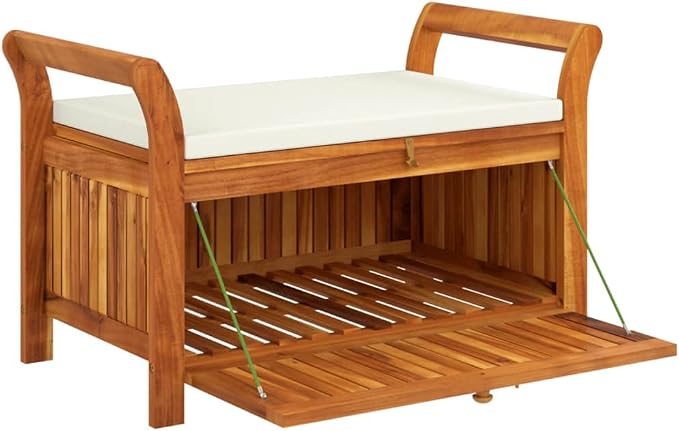 Wooden Outdoor Patio Storage Bench Large Deck Box with White Cream Cushion 35.8"x19.7"x23.6" Solid Wood Acacia Storage Box Deck Box with Seat for Garden, Balcony, Porch, Pool,Yard