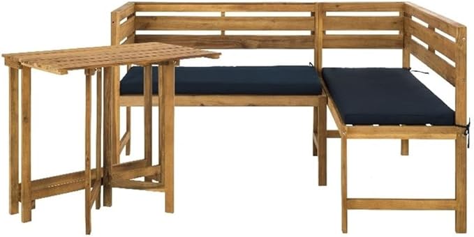 Safavieh PAT6754A Collection Wilton Teak and Navy Balcony Corner Lounge Outdoor Set