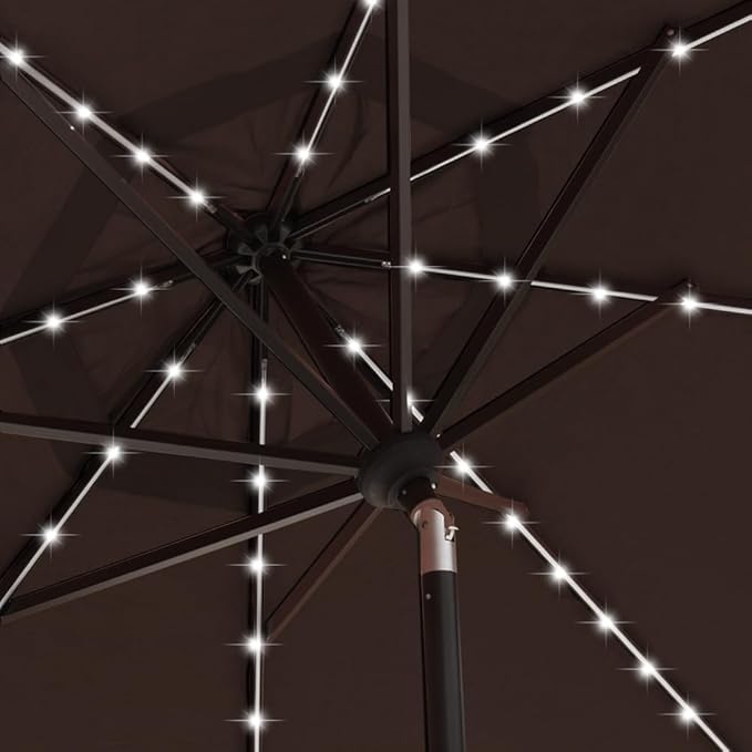 EliteShade USA 10-Year-Non-Fading 9ft 3-Tier Market Patio Umbrella, Commercial Table Umbrella with 80 Solar LED Lights, Crank Open, Windproof & UPF 50+ UV Protection for Garden, Deck, Pool, Backyard, Chestnut