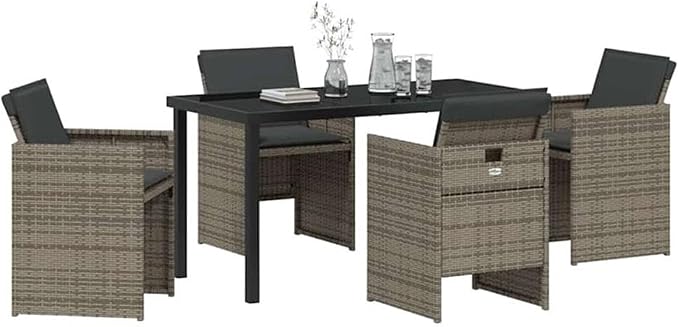 Afuera Living 5 Piece Patio Dining Set, Poly Rattan and Tempered Glass Table, Gray Cushioned Chairs, Weather-Resistant Outdoor Seating, Modern Design for Garden or Outdoor Dining