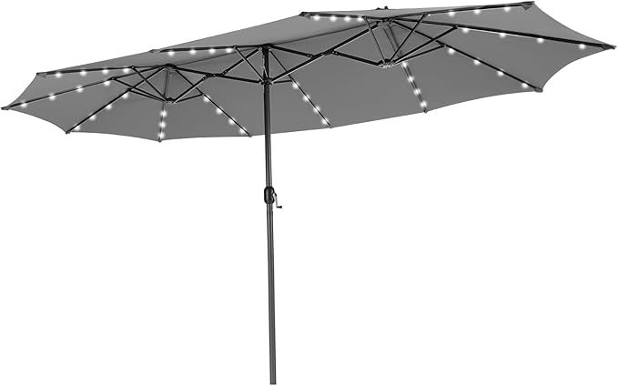 Tangkula 15 Ft Solar Patio Umbrella, Double-Sided Extra Large Outdoor Market Table Umbrella with 48 LED Lights, Crank Handle, 12 Sturdy Ribs for Poolside, Garden & Backyard (Gray)
