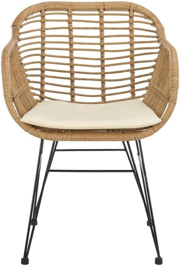 SAFAVIEH Outdoor Collection Alton Light Brown Rattan/White Seat Cushion 3-Piece Patio Lounge Bistro Set with Table (PAT9004A)