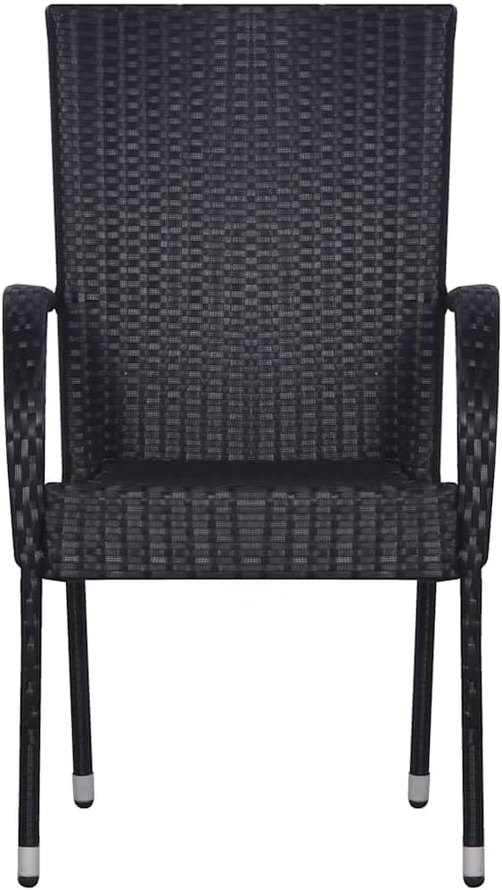3-Piece Black PE Rattan Outdoor Bistro Set with Glass Top Table | Features space-saving stackable chairs and a weather-resistant steel frame for patio, balcony, or backyard dining.