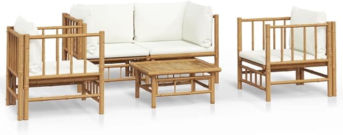 5 Piece Patio Lounge Set with Cream White Cushions, Patio Conversation Set Front Porch Furniture Outdoor Sofa Sets Outdoor Dining Sets for Exhibition Garden Piazza Negotiation Area Bamboo