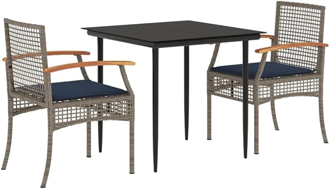 3 Piece Patio Dining Set with Cushions Gray Poly Rattan Outdoor Seating Table and Chairs for Garden Backyard, PE Rattan Steel Frame Tempered Glass Top, Weatherproof UV-Proof, Max 242.5 lb per Seat