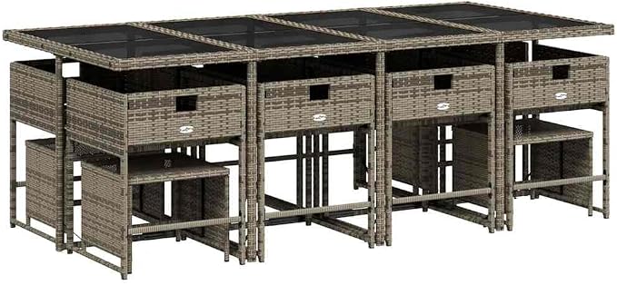 13 Piece Outdoor Dining Set with Cushions Gray Poly Rattan Patio Furniture with Folding Chairs, Tempered Glass Table, Space-Saving Storage, 8 Chairs & 4 Stools for Garden Backyard Entertaining