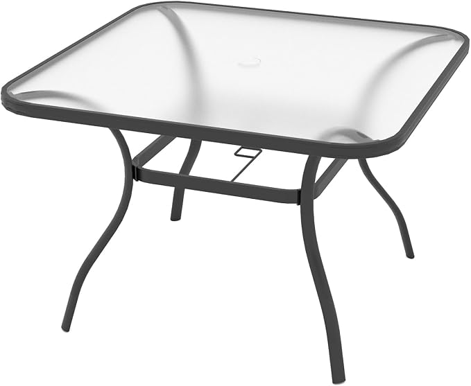 Outdoor Patio Set, 37" Square Glass Dining Table and 4pcs Stackable Chairs, All-Weather Patio Furniture Set with 1.7" Umbrella Hole for Garden Backyard Lawn Poolside