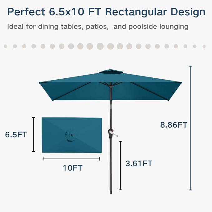 6.5' x 10' Rectangular Patio Umbrella Large Outdoor Market Umbrella w/UV Protection, Push Button Tilt and Crank Lift, Rectangle Table Umbrella for Garden, Deck, Pool, Patio, Lake Blue
