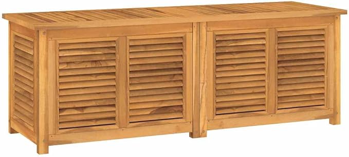 Solid Teak Wood Outdoor Storage Box Large Brown Rectangular with Louvered Doors for Patio Deck Garden and Garage Organization