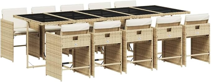 11-Piece Patio Dining Set with Cream Cushions Beige Poly Rattan Outdoor Furniture Set for Garden Backyard Balcony Porch