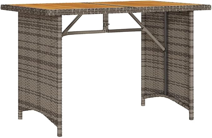 Contemporary Garden Table Grey PE Rattan with Powder-Coated Steel Frame and Solid Acacia Wood top 43.3x26.8x27.6 inches Seating six for Patio Outdoor Dining and Backyard use