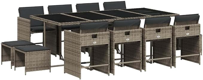 13 Piece Patio Dining Set with Cushions, Space-Saving Rattan Garden Table and Chairs for Backyard Deck, Gray