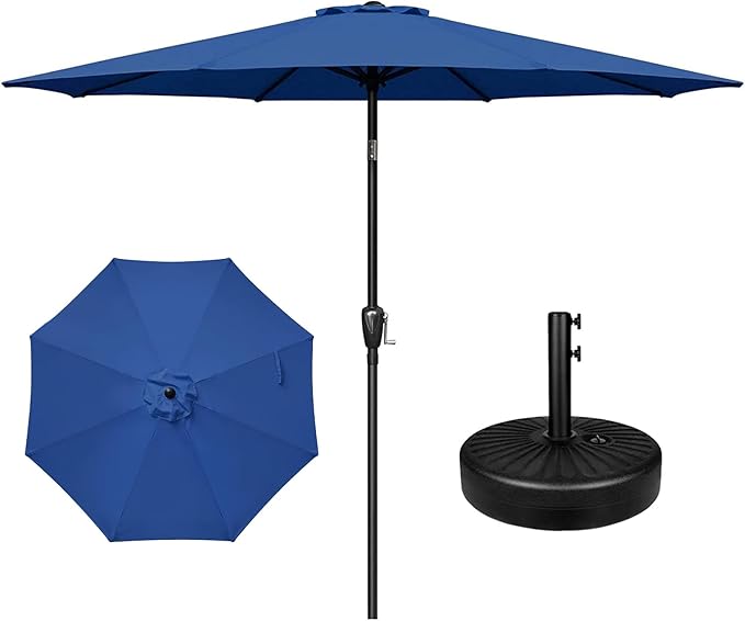 YSSOA 9' Patio Umbrella with 50lbs 20" Capacity Fillable Heavy Duty Round Base, 8 Sturdy Ribs, for Outdoor Lawn, Deck, Poolside, Blue and Black