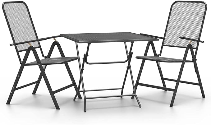 3 Piece Patio Dining Set with Expanded Metal Mesh Adjustable Chairs Foldable Table Anthracite for Outdoor Backyard Garden Balcony BBQ Party