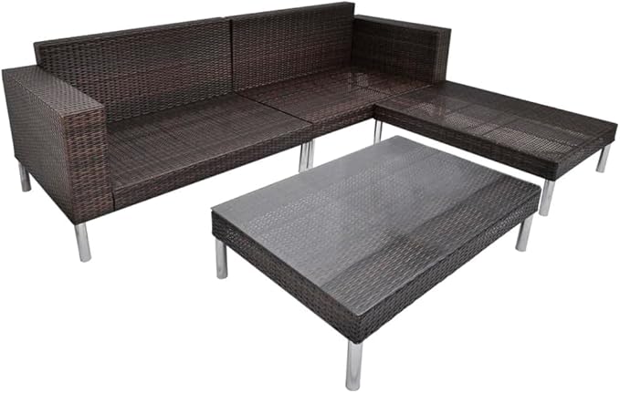 vidaXL Patio Furniture Set 4 Piece, Patio Conversation Set with Cushions, Sectional Sofa with Coffee Table, Wicker Furniture for Garden, Poly Rattan Brown