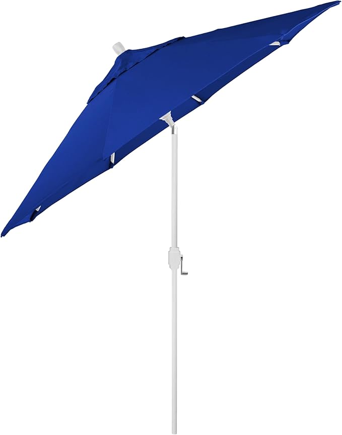 California Umbrella 12-Year-Non-Fading, 9Ft Premium Sunbrella Patio Umbrella, Hand-Crank, Button-Tilt, White Frame, True Blue Fabric
