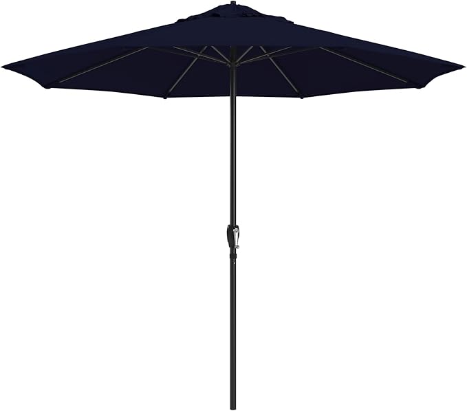 California Umbrella 8-Year Protection 9 Ft Outdoor Patio Umbrella, Solstice Fade-Resistant Fabric, Auto-Tilt, Heavy Duty Aluminum Frame, 8 Reinforced Ribs for Pool or Deck, Black Pole, Navy Blue