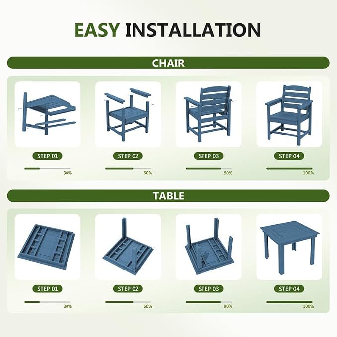 KINGYES 8-Piece HDPE Outdoor Dining Set for 6, Square Patio Table & Armchairs with Umbrella Hole, All-Weather Patio Dining Set for Backyard, Garden, Lawn & Poolside, Blue