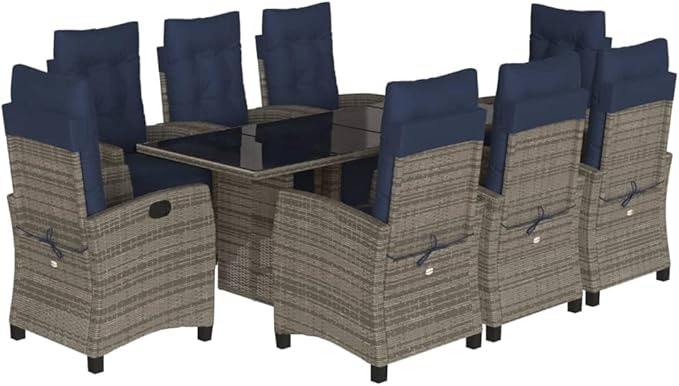 Backyard Furniture Patio Conversation Sets Outdoor Seating 9 Piece Patio Dining Set with Cushions Gray Poly Rattan Suitable for Gardens, Balconies, Decks