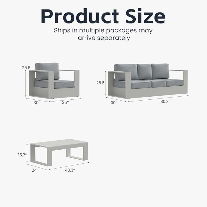 3 Pieces Patio Furniture Set with Coffee Table, Metal Modern Conversation Set with Deep Seating and Widened Aluminum Frame for Deck, Porch, Garden