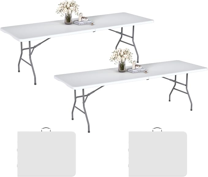 2 Pack 8FT White Folding Table for Outdoor, 8 Foot Picnic Tables No Assembly Required Portable, White Foldable Table for Camping, Parties, Meeting, Events, Wedding, with Carrying Handle