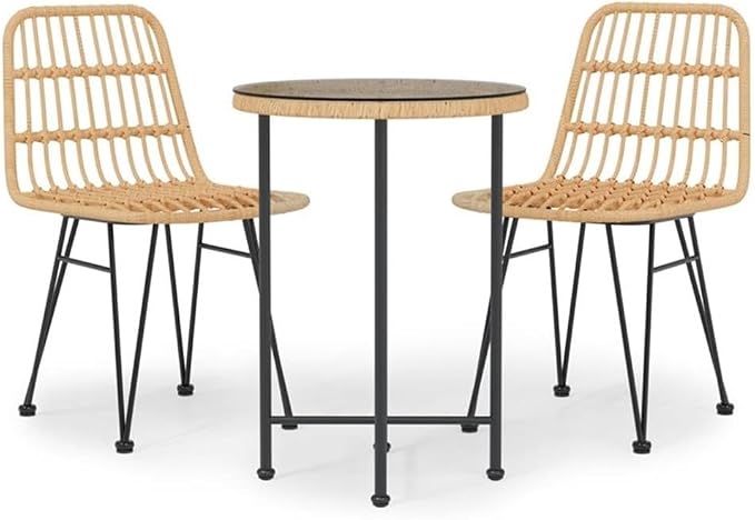 BOWERY HILL 3-Piece Steel Garden Dining Set, Round Tempered Glass Tabletop, Black Matte Finish, Poly Rattan Chairs, Compact Modern Outdoor Patio Dining Set for Balcony or Small Spaces, Seating for 2