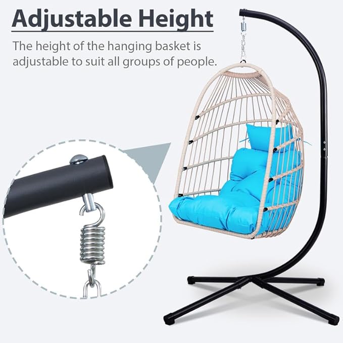 Outdoor Egg Hanging Chair with Stand, Patio Wicker Swing Egg Chair Indoor Swinging Chair Outdoor Hammock Egg Chair Blue