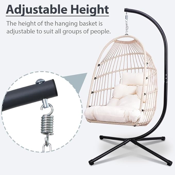 Foldable Hanging Egg Chair with Stand and Pillow, HDPE Rattan and Heavy Duty Aluminum-Steel Frame, Outdoor Patio Wicker Swing Egg Chair with Headrest and Cushioned, (Beige)