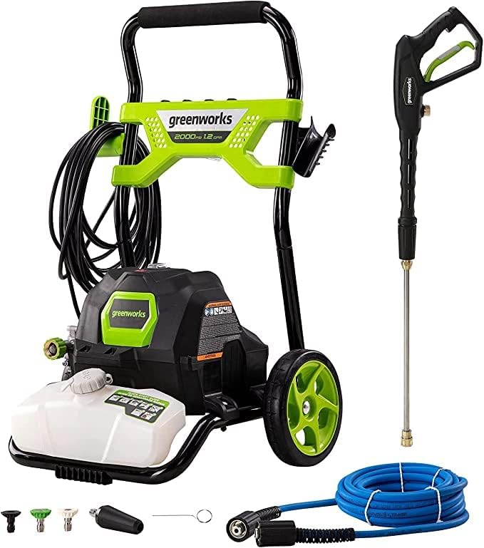 Greenworks 2000 PSI 1.2 GPM Pressure Washer GPW2003 & Oxy Solve House and Siding Pressure Washer Cleaner & Mildew on Vinyl, Aluminum, Wood, Brick, Stucco - Concentrate 1 Gal.