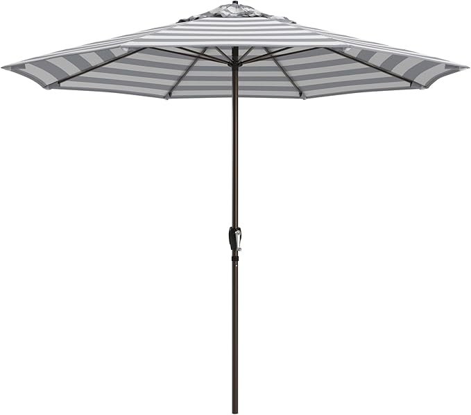California Umbrella 8-Year Protection 9 Ft Outdoor Patio Umbrella, Solstice Fade-Resistant Fabric, Auto-Tilt, Heavy Duty Aluminum Frame, 8 Reinforced Ribs for Pool or Deck, Bronze Pole, Gray White Cabana Stripe