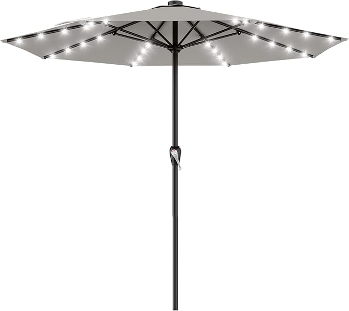AreShark 12FT Large Patio Umbrella with Solar Lights, Solar Powered Outdoor Umbrella with Crank, Patio Table Market Umbrellas for Garden, Deck, Backyard, Pool and Beach, Light Gray