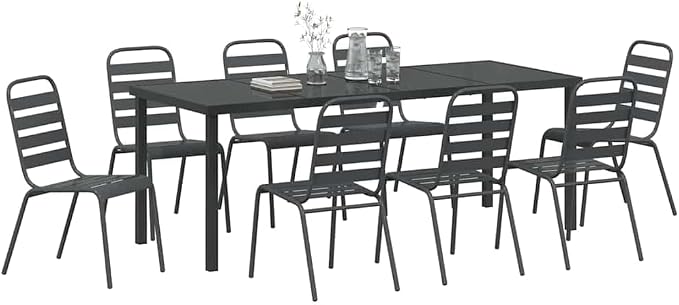 9 Piece Outdoor Garden Dining Set, Anthracite Powder-Coated Steel Patio Table and 8 Chairs, Industrial Metal Furniture for Backyard, Deck, and Lawn