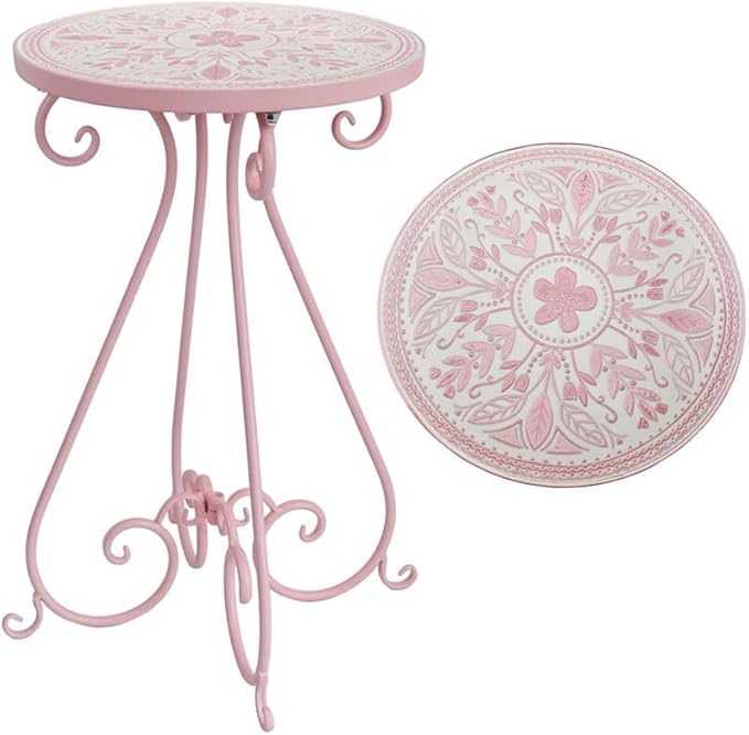 Vintage Outdoor Side Table Round Mosaic Ceramic Tile Top 14" Diameter Metal Plant Stand for Flower Pots Vase Garden Home Porch Pool Indoor Decor Weather Resistant Outside Patio Accent End Furniture