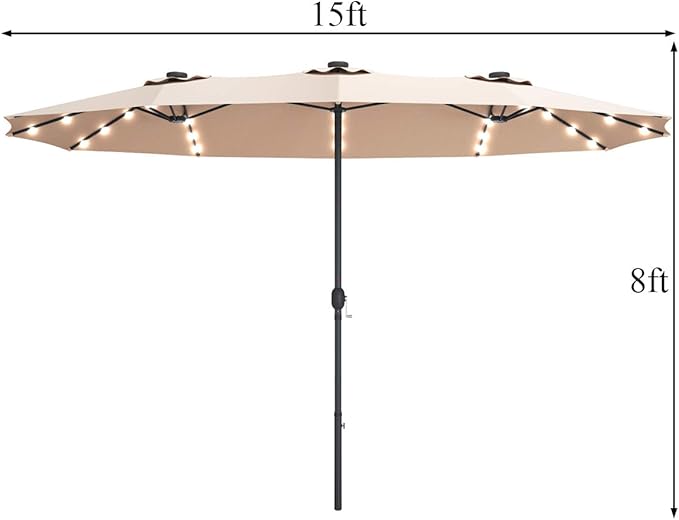 Tangkula 15 Ft Double Sided Patio Umbrella with Solar Lights, Extra Large Rectangle Outdoor Umbrella with 36 LED Lights & Crank Handle for Deck, Poolside, Garden, Backyard (Beige)