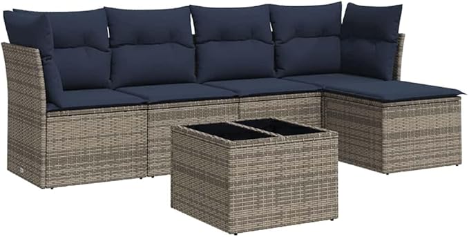 vidaXL Patio Sofa Set with Cushions 6 Piece, Patio Furniture with Glass Table, Outdoor Conversation Set, Modern Style, Gray Poly Rattan