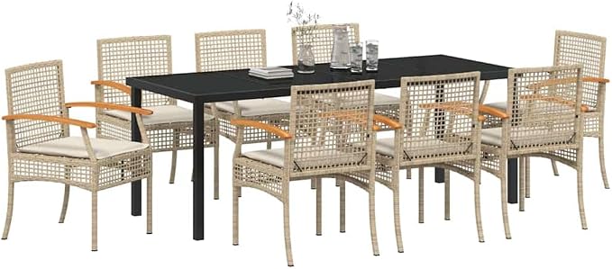 9-Piece Outdoor Garden Dining Set, Patio Rattan Furniture with Cushions, Modern Beige and Black Table and 8 Chairs for Backyard Terrace