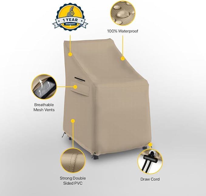 Seal Skin Covers Waterproof High-Back Chair Cover, Heavy Duty Outdoor Furniture Cover with Drawstring, Air Vent, Durable Fabric (Beige, 35" L x 28W x 35" H)