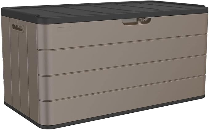 TARKARI 105 Gallon Pro Deck Box, Outdoor Storage Box Lockable for Patio Furniture, Garden Tools, Pool Accessories, UV-Resistant for All Weather Use, Brown