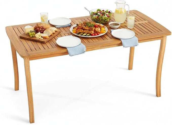 Tangkula 63-Inch Acacia Wood Outdoor Dining Table, 4-6 People Rectangle Patio Table with Umbrella Hole & Slatted Tabletop, Outside Table for Backyard, Garden, Porch, Deck