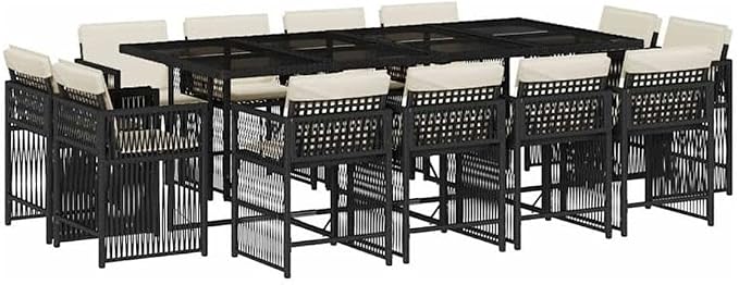 Afuera Living 13-Piece Poly Rattan Garden Dining Set, Black/Cream White Finish, UV-Resistant, Powder-Coated Steel Frame, Tempered Glass Table, Cushioned Seating for 12, Modern Patio Furniture for