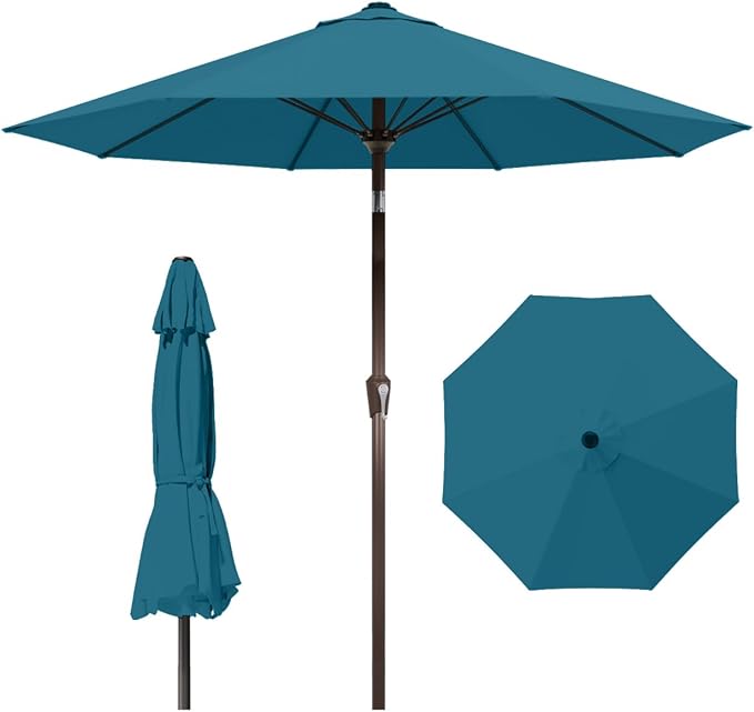 10FT Patio Umbrella Outdoor Market Umbrella with Crank and Tilt, 8 Flexible Fiberglass Ribs, UV-Resistant Waterproof Canopy for Patio, Deck, Garden, Backyard, Lake Blue