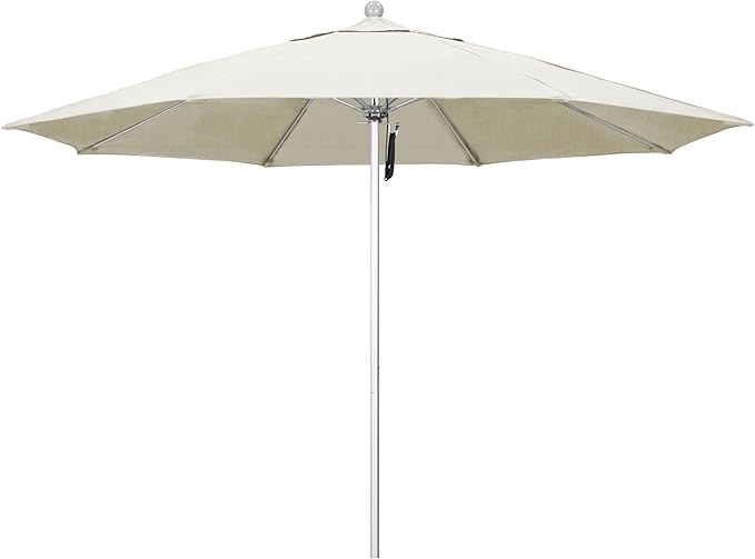 California Umbrella 11Ft Commercial Grade Sunbrella Fabric Market Umbrella, Pulley Lift, Aluminum/Fiberglass, 2mm pole wall, Silver Frame, Canvas Fabric
